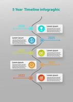 5 ano Linha do tempo infográfico vertical multi colori círculos em uma quadrado com a ícone dentro a Centro do a círculo e uma linha com números. cinzento gradiente fundo para negócios, planejamento, marketing vetor