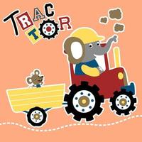 fofa elefante dirigindo trator puxar ratos com carrinho, vetor desenho animado ilustração