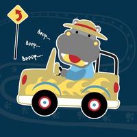 fofa hipopótamo dirigindo carro em a estrada com estrada sinal, vetor desenho animado ilustração