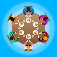 Família diversa feliz, comendo juntos na ilustração de mesa de jantar redonda vetor