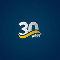 Celebração de aniversário de 30 anos elegante logotipo azul amarelo branco ilustração vetorial vetor