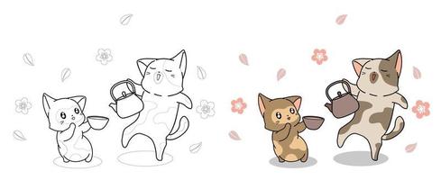 gatos bonitos estão bebendo chá, página para colorir para crianças vetor