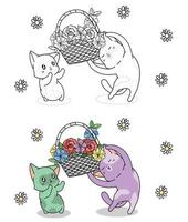 personagens de gatos fofos com cesta de flores, desenho para colorir para crianças vetor