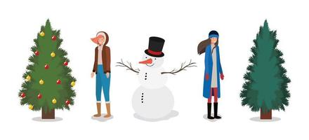 meninas com pinheiros e boneco de neve celebração de natal vetor