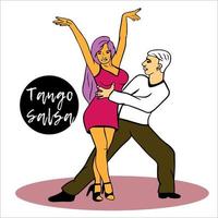 casal é dançando Esportes danças. latim americano danças, tango é dançou de homem e mulher. salsa dançarinos. apaixonado casal. publicidade do dança estúdio, lições, mestre Aulas, festas, eventos. vetor