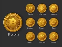 Conjunto de ícones de moeda cryptocurrency dourado vetor