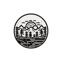 montanhas e rio logotipo Projeto. natureza panorama logotipo vetor ilustração.