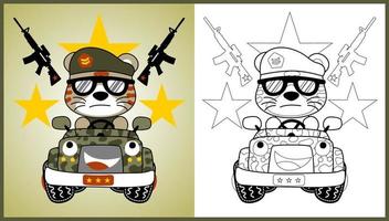 vetor desenho animado do engraçado gato soldado em blindado veículo com armas, coloração página ou livro