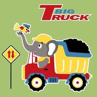 vetor desenho animado do fofa elefante dirigindo despejo caminhão com uma pássaro em isto tronco