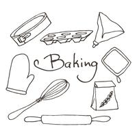 Conjunto de ferramentas de cozimento de mão desenhada. Esboço de elementos de vetor de padaria.