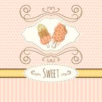 Ilustração de sorvete. Cartão desenhado de vetor mão com salpicos de aquarela. Bolinhas doces e design das listras.