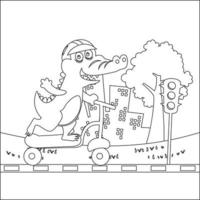 fofa crocodilo criança equitação uma pontapé lambreta. engraçado vetor ilustração, na moda crianças gráfico com linha arte Projeto mão desenhando esboço vetor ilustração para adulto e crianças coloração livro.