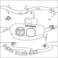 submarino com fofa marinheiro debaixo mar, com desenho animado estilo infantil Projeto para crianças atividade coloração livro ou página. vetor