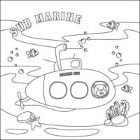 submarino com fofa marinheiro debaixo mar, com desenho animado estilo infantil Projeto para crianças atividade coloração livro ou página. vetor
