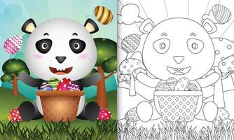 livro de colorir para crianças com tema feliz dia de Páscoa com ilustração de um panda fofo no ovo balde vetor