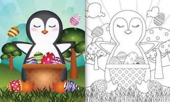 livro de colorir para crianças com tema feliz dia de Páscoa com ilustração de um pinguim fofo no ovo balde vetor