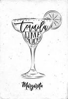 cocktail margarita com letras, licor de laranja, tequila, suco de limão em estilo gráfico vintage, desenho sujo no fundo de papel vetor