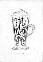 café café com leite copo letras espuma, quente leite, espresso dentro vintage gráfico estilo desenhando em sujo papel fundo vetor