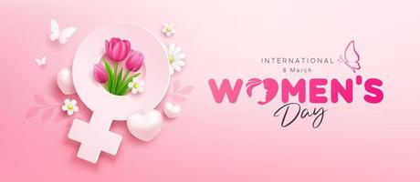 feliz mulheres dia fêmea símbolo com tulipas flores e borboleta, coração, branco flor, bandeira conceito Projeto em Rosa fundo, eps10 vetor ilustração.