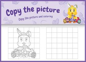 copie o jogo de crianças de imagem e página para colorir com tema de Páscoa com uma linda garota usando tiaras com orelhas de coelho abraçando ovos vetor