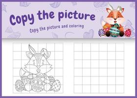 copie o jogo de crianças de imagem e página para colorir com tema de Páscoa com uma raposa fofa usando tiaras com orelhas de coelho abraçando ovos vetor