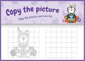 copie o jogo de imagens para crianças e para colorir com o tema da Páscoa com um pinguim fofo usando tiaras com orelhas de coelho abraçando ovos vetor