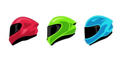 conjunto do cheio face capacete com diferente cores e formas. lado visualizar. conceito do cabeça proteção, veículo, esporte, corrida, cavaleiro. plano vetor ilustração.
