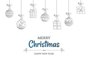 alegre Natal e feliz Novo ano vetor poster ou cumprimento cartão Projeto com mão desenhado rabiscos elementos. presente caixa e bolas. natal bandeira com prata e azul gradiente.