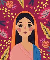 a indiano mulher com uma Rosa sari em dela cabeça e uma Rosa fundo com flores