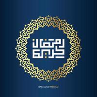 livre Ramadã kareem árabe caligrafia com dourado cor em azul fundo. islâmico mês do Ramadã dentro árabe logotipo cumprimento Projeto vetor