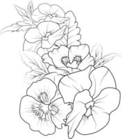 amor-perfeito flores ilustração coloração página, simplicidade, embelezamento, monocromático, vetor arte, esboço impressão com flores amor-perfeito flor, amor-perfeito ramalhete folhas, e botões, amor-perfeito flor tatuagem desenho.