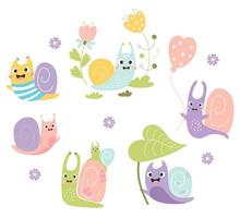 coleção fofa caramujos. mãe Caracol com bebê, molusco dentro flores, marinheiro e balão. vetor ilustração. isolado elementos do engraçado insetos para projeto, decoração e impressão e decoração