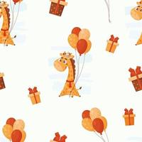 desatado padronizar com fofa girafa dentro aniversário chapéu com balões em branco fundo com presentes. vetor ilustração para crianças coleção, feriado decoração, embalagem, projeto, imprimir, papel de parede.