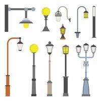 ícones dos desenhos animados do objeto de luz de rua. conjunto de postes de luz e iluminação externa. luz de lanterna urbana de eletricidade vintage, elementos externos de design de lâmpada antiga em estilo moderno simples. ilustração vetorial vetor