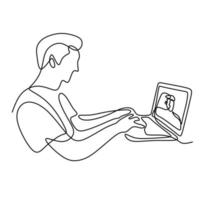 homem trabalhando ou aprendendo em casa com videoconferência on-line no laptop design minimalismo desenhado à mão de uma linha contínua. zoom chamada de vídeo isolada no fundo branco. ilustração vetorial vetor