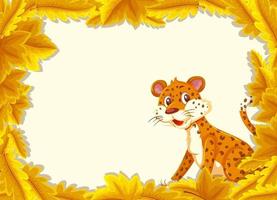 modelo de banner de folhas amarelas com personagem de desenho animado de leopardo vetor