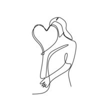 um desenho de linha de uma jovem mulher feliz dar um passeio e segurando um balão em forma de coração. símbolo do sentimento de estar apaixonado estilo minimalista de design de arte de linha desenhada à mão. ilustração vetorial vetor
