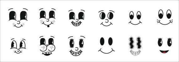 conjunto de caras engraçadas de personagens de mascote de desenho animado retrô dos anos 30. Elementos de olhos e bocas de animação dos anos 50, 60. modelo de sorrisos em quadrinhos vintage. caricaturas com emoções felizes. clipart vetorial desenhado à mão. vetor