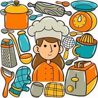 uma desenho animado do uma chefe de cozinha com uma conjunto do cozinha Unid. vetor