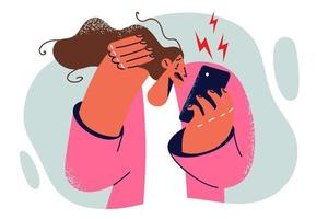 mulher estressado olhando às Móvel telefone tela depois de vendo agressivo social meios de comunicação publicar. menina sofrimento a partir de estresse e para cyberbullying dentro telefone formulários ou negativo em formação dentro notícia vetor