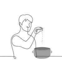 homem derramando uma pitada do especiarias para dentro uma panela - 1 linha desenho. conceito adicionando especiarias quando cozinhando vetor