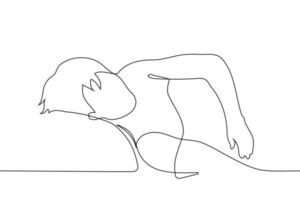 homem deitado ou dormindo dentro cama - 1 linha desenhando vetor. Sonhe conceito vetor
