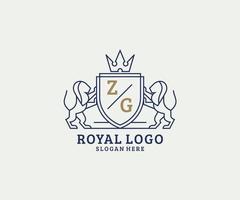 modelo de logotipo de luxo real de leão de letra zg inicial em arte vetorial para restaurante, realeza, boutique, café, hotel, heráldica, joias, moda e outras ilustrações vetoriais. vetor