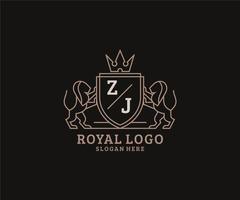 inicial zj letter lion royal luxo logotipo modelo em arte vetorial para restaurante, realeza, boutique, café, hotel, heráldica, joias, moda e outras ilustrações vetoriais. vetor
