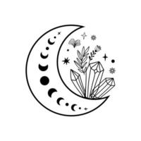 cristal lua Estágio cristal flores tatuagem. Magia celestial coloração página. místico lua Estágio gráfico elemento. esboço astrologia cristais. coloração página. mão desenhado lua isolado vetor ilustração.