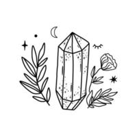 cristal vetor mão desenhado linha arte cristal folha flor simples gráfico pedras preciosas, isolado celestial elemento. Preto Magia conto de fadas dia das Bruxas ilustração. místico cristal esboço. floral lua estrelas tatuagem.