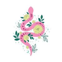 serpente. floral serpente isolado em branco. Rosa serpente rosas flores folhas mão desenhado gráfico elemento. lua Estágio. celestial serpente imprimir. botânico vetor ilustração. espiritual serpente. réptil poster