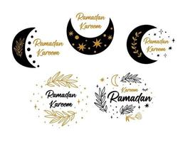 Ramadã kareem símbolos definir. crescente floral faixas coleção. celestial crescente, estrela, flor ramo isolado gráfico elemento. lua islâmico na moda Projeto. ouro muçulmano vetor ilustração. árabe.