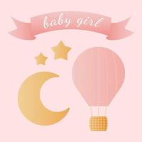 bebê chuveiro bandeira com balão, lua, Estrela e texto bebê menina em Rosa fundo. isto s uma garota. vetor