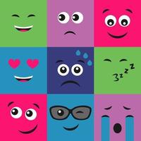 conjunto de nove emoticons coloridos. ícone emoji na praça. padrão de fundo plano. ilustração vetorial vetor